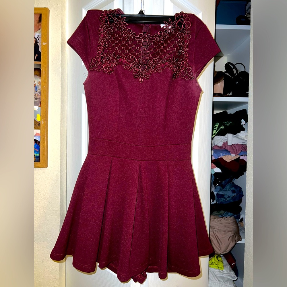 Red Lace Cleavage Romper Dress